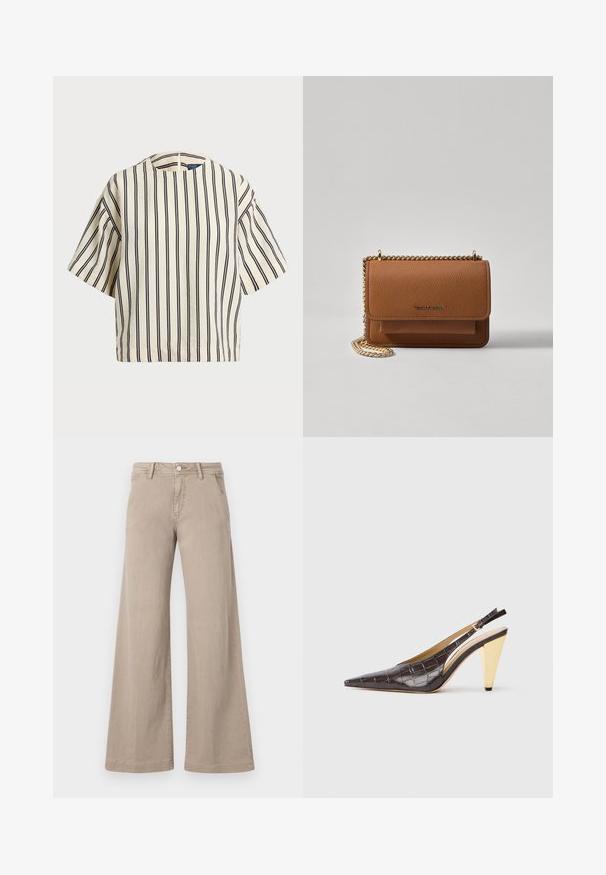 Lyhythihainen, raidallinen paita kirkas- ja tummansinisen sävyissä, jossa on pyöreä pääntie ja laatikkomainen muotoilu tekstuuritetussa kankaassa.; Vaaleanbeige leveälahkeiset farkut, jotka on valmistettu puuvillasta ja joissa on sileä pinta. Paikoissa etusulku nappikiinnityksellä ja tavallinen viiden taskun muotoilu.; Kärppäotsa slingback-korkokengät tummanruskeasta kiiltävästä keinonahasta, joka imitoi krokotiilin ihoa. Malleissa on kultasävyinen geometrinen korko ja säädettävä nilkkaremmi.; Ruskean teksturoidun nahkasta valmistettu crossbody-laukku, jossa on kultaketjuhihna ja läppäkiinnitys. Edessä on logodetail ja tasku läppäisen alla.