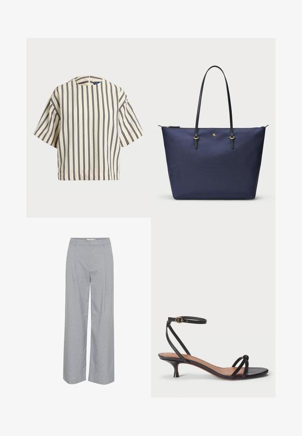 Kreklus, svītrainā blūze ar īsām piedurknēm, krēmkrāsā un tumši zilā tonī, ar apaļu apkakli un kvadrātveida dizainu, izgatavota no teksturētas auduma.; Gai pelēki, plati bikses ar gludu tekstūru, kas aprīkotas ar priekšējiem krokotiem un plakanu jostasvietu. Minimālists dizains, nav redzamu detaļu.; Polo Ralph Lauren LEATHER KITTEN-HEEL SANDAL - Klasiski papēži - black; Tumši zila somiņa, izgatavota no teksturēta auduma, ar melnām ādas rokturiem un zelta krāsas aksesuāriem. Ar rāvējslēdzēja aizdari augšpusē.