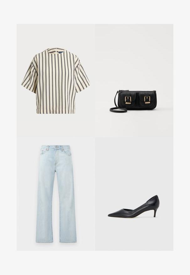Top de manga curta, riscado em creme e azul marinho, com decote redondo e design boxy em tecido texturizado.; Jeans de ganga azul claro com cintura alta, design de perna larga e desvanecimento subtil. Apresenta um estilo clássico de cinco bolsos e detalhes de costura tonal.; Sapato de salto alto preto em pele com bico fino e salto baixo. Apresenta uma textura suave e brilho subtil. Corte aberto na parte da frente para um detalhe adicional.; Bolsa de ombro em couro preto com dois bolsos frontais, fivelas douradas, fecho de zíper e uma alça fina. Superfície texturizada e forma retangular compacta.
