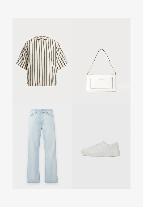 Lyhythihainen, raidallinen paita kirkas- ja tummansinisen sävyissä, jossa on pyöreä pääntie ja laatikkomainen muotoilu tekstuuritetussa kankaassa.; Vaaleansiniset farkut, joissa on korkea vyötärö, leveä lahje ja hillitty haalistus. Sisältää klassiset viisi-tasku tyylit ja sävyä vastaavat ommelleen yksityiskohdat.; Valkoinen nahkakengät litteillä nauhoilla, pyöristetyt varpaat ja hienovaraiset ompeluyksityiskohdat. Varustettu tekstuurilla varustetulla pohjalla ja kohokohtaisella brändilogolla kantapäässä.; Valkoinen nahkalaukku tekstuuripinnalla, jossa on kultaketjuolkaimet ja mustia yksityiskohtia. Mukana etutasku ja vetoketjusulku.