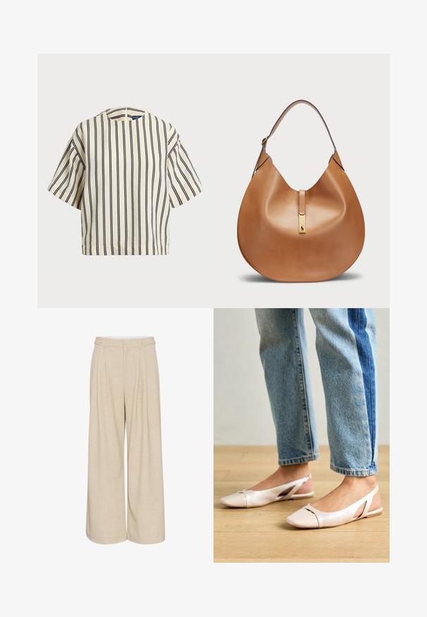 Rövid ujjú, csíkos felső krém és tengerészkék színben, kerek nyakkivágással és dobozos fazonnal, texturált anyagból.; Beige, széles lábú nadrág texturált anyagból, magas derekú kialakítással, két elülső gombbal és két oldalsó zsebbel a praktikum érdekében.; Világos rózsaszín slingback laposlábú cipők, hegyes orral, sima bőrhatású anyagból készült. Oldalt kivágott részletek találhatók rajta, valamint lapos sarkú.; Barna bőr kézitáska íves formával és széles vállpánttal. Középen arany fém díszítéssel és sima felülettel rendelkezik.