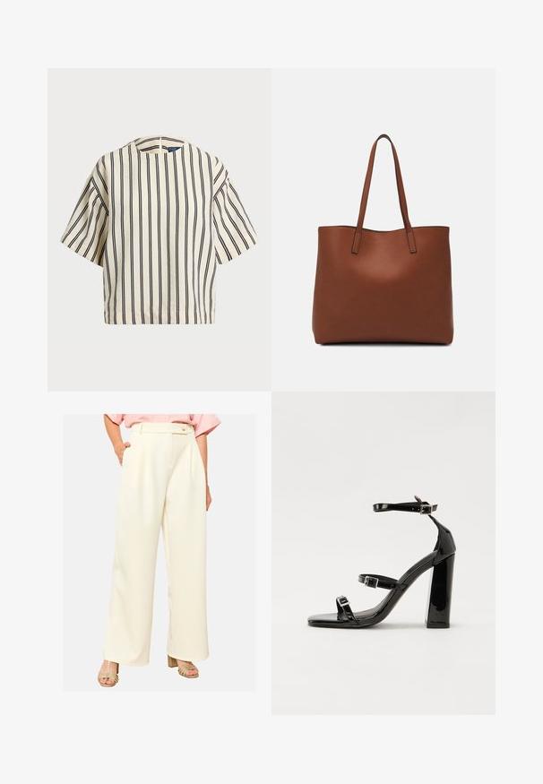 Kreminės ir tamsiai mėlynos juostelės trumpų rankovių marškinėliai, turi apvalų iškirpimą ir dėžutės tipo dizainą, pagaminti iš tekstūruotos medžiagos.; Kreminės spalvos platėjančios kelnės su lygiu paviršiumi, turinčios aukštą liemenį, klostes ir šonines kišenes. Paprastas mygtuko užsegimas.; Juoda blizgi lakuota basutė su kvadratiniu pirštu, kulkšnies dirželiais ir sidabro sagtimis. Yra tvirta blokinė kulno konstrukcija, užtikrinanti stabilumą.; Ruda odinė priekabų krepšys su glotnia tekstūra, atviru viršumi ir dviem petnešomis. Su minimalia siuvimo detalėmis ir nematoma aparatūra.