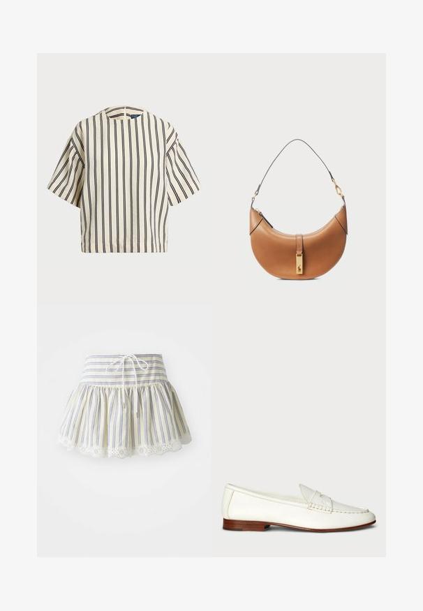 Korte mouwen, gestreepte top in crème en marineblauw, met een ronde halslijn en een boxy ontwerp van een textuurstof.; Gestreepte rok in geel en blauw, met een gegatherde taille met een trekkoord en kantafwerking langs de zoom. Katoenen stof.; Witte leren instappers met een getextureerde afwerking, ronde neus en geweven accent. Lage houten hak en minimalistisch ontwerp.; Tan leren handtas met een gebogen vorm, gouden hardware en een dunne schouderriem. Beschikt over een ritsluiting en logo-detail aan de voorkant.