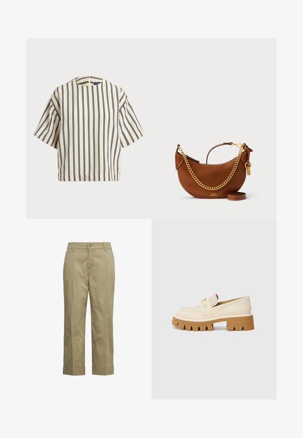 Korte mouwen, gestreepte top in crème en marineblauw, met een ronde halslijn en een boxy ontwerp van een textuurstof.; Khaki broek van lichtgewicht katoen, met een recht gesneden ontwerp, knoopsluiting en omgeslagen uiteinden. Gladde textuur met minimale details.; Beige instappers met een gestructureerde crèmekleurige band, voorzien van een chunky bruine zool met tandachtige patronen. Gouden accent op het gespdetail.; Bruine leren handtas met een gebogen ontwerp, gouden schouderband, binnenzak en een afneembare schouderband. Heeft contrasterende stiksels.