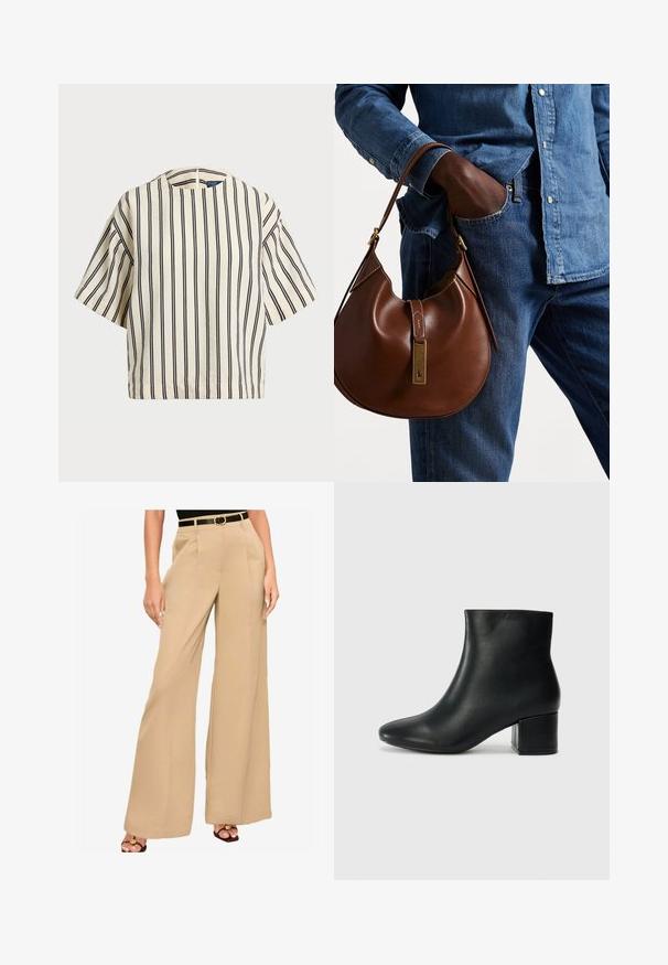 Kreklus, svītrainā blūze ar īsām piedurknēm, krēmkrāsā un tumši zilā tonī, ar apaļu apkakli un kvadrātveida dizainu, izgatavota no teksturētas auduma.; Bēgi plaša kāju bikses, izgatavotas no gludas auduma, ar priekšējiem krokām un melnu jostu ar zelta krāsas sprādzi.; Melna ādas potīšu zābaki ar smailu purngalu un masīlu papēdi. Gluda tekstūra ar minimāliem akcentiem un gludu, pieguļošu dizainu.; Brūna ādas hobo soma ar noapaļotu formu, ar zelta aparatūras akcentu un kontrastējošiem diegiem. Apvienota ar džinsa kreklu un džinsiem.