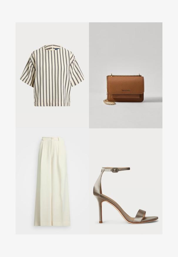 Kreemjas ja tumesinises triibuline lühikeste varrukatega top, millel on ümmargune kaelus ja kastmine disain, valmistatud tekstuurses kangas.; Laiad sääred valgest kangast, kõrge värviga, topeltpliiatsi ja nupuga kinnitusega. Sile tekstuur ja kohandatud disain.; Hõbe satäänist kõrge kontsaga sandaalid, millel on pahkluu rihm ja dekoratiivne pandlaelement. Avatud varvas ja peen, voolujooneline disain.; Pruun tekstureeritud nahk ristkeha kott kuldse ahelaga rihmaga ja klapiga sulgemine. Esiküljel on logo detail ja tasku klapi all.