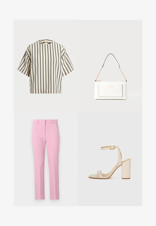 T-skjorte med korte ermer, stripet i kremfarge og marineblå, med rund hals og en boxy design i en strukturert stoff.; Rosa skreddersydde bukser med en glatt tekstur, med midjehøyde, to frontfalter og rett ben. Ingen synlige lommer.; Beige høyhælte sandaler med firkantet tå, tynn ankelrem og blokk hæl. Glatt skinntekstur med gullspenne detaljer.; Hvit lærveske med teksturert overflate, utstyrt med gullkjede for å bære over skulderen og svarte detaljer. Inkluderer en frontlomme og glidelås.