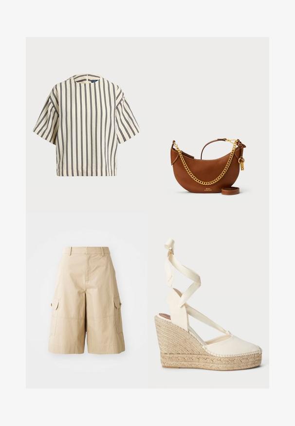 Krátký rukáv, pruhované tričko ve krémové a námořnické barvě, s kulatým výstřihem a širokým střihem z texturovaného materiálu.; Béžové cargo šortky vyrobené z lehkého materiálu, s dvěma bočními kapsami, plochým předním dílem a volným střihem.; Béžové espadrilové sandály na klínu s křížovými plátěnými řemínky a tkanou juty, s kulatou špičkou a texturovaným povrchem.; Hnědá kožená kabelka s zakřiveným designem, zlatým řetízkem, vnitřní kapsou a odnímatelným ramenním popruhem. Obsahuje kontrastní prošívání.