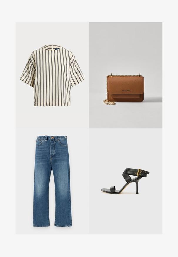 Kreklus, svītrainā blūze ar īsām piedurknēm, krēmkrāsā un tumši zilā tonī, ar apaļu apkakli un kvadrātveida dizainu, izgatavota no teksturētas auduma.; Gai zili džinsi ar augstu jostasvietu, taisnu kāju griezumu un maigu izbalēšanu. Satur klasisku dūrienu un priekšējo pogu aizdari.; Melna augsta papēža sāndele ar krustotiem siksniņām un regulējamu sprādzi. Iespēlēts gluds tekstūra un pakāpenisks stiletto papēdis.; Brūna teksturēta ādas plecu soma ar zelta ķēdes siksnu un atloka aizdari. Priekšpusē ir logotipa detaļa un kabata zem atloka.