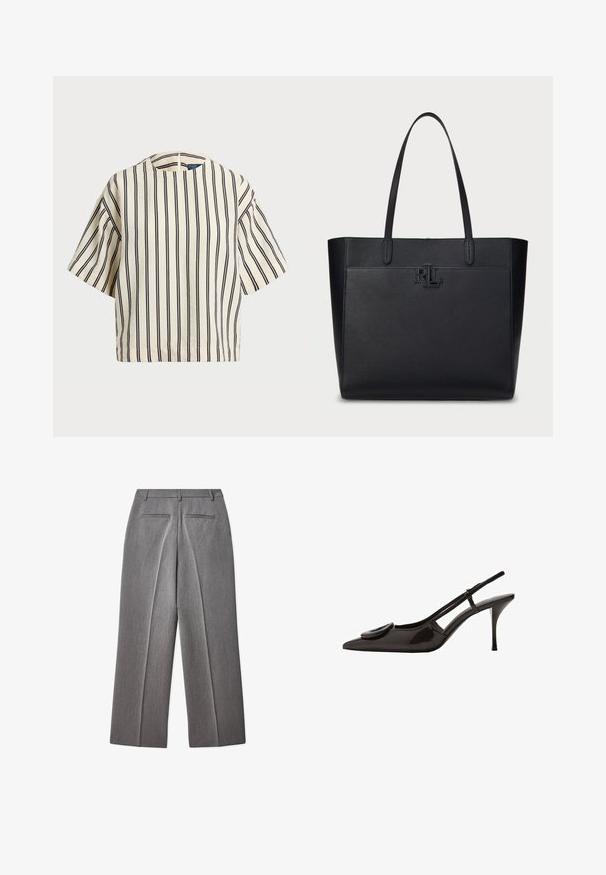Short-sleeve, striped top in cream and navy, featuring a round neckline and boxy design with a textured fabric.; Gray tailored trousers with a flat front, straight leg design, two back pockets, and subtle texture.; Black patent leather slingback shoe with pointed toe, minimalistic design, small circular accent on the vamp, and slender heel.; Black leather tote bag with textured surface, dual handles, and embossed "RL" logo on the front. Rectangular shape, minimalistic design.