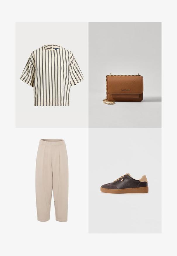 Cămașă cu mâneci scurte, cu dungi în nuanțe de crem și bleumarin, având un decolteu rotund și un design dreptunghiular dintr-un material texturat.; Pantaloni bej de lungime medie, dintr-un material moale. Au un tiv lat, pliuri frontale și picioare înguste cu tivuri la margini.; Adidași din piele și suede maroniu închis, cu șnururi și talpă bej, accente aurii și cu "Michael Kors" gravat pe talpă.; Geantă crossbody din piele texturată maro, cu curea din lanț aurit și închidere cu clapetă. Partea din față prezintă detalii cu logo și o buzunar sub clapetă.