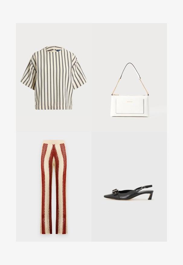 Kreminės ir tamsiai mėlynos juostelės trumpų rankovių marškinėliai, turi apvalų iškirpimą ir dėžutės tipo dizainą, pagaminti iš tekstūruotos medžiagos.; Kroketos kelnes su prigludusia juosmeniu, su pakaitiniais raudonais ir grietinėlės spalvos vertikaliais dryžiais, plačiais džinsų sijonais ir atviru audinio raštu.; Juodas odinis slingback batelis su smailiu nosiu, maža pakulne ir dekoratyvine sagtimi viršuje. Lygus paviršius, minimalistas dizainas.; Balta odinė rankinė su tekstūruotu paviršiumi, turinti auksinį grandinėlės dirželį ir juodas detales. Įskaičiuota priekinė kišenė ir užtrauktuko uždarymas.
