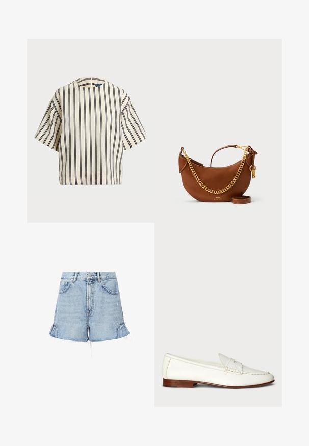 Top de manga curta, riscado em creme e azul marinho, com decote redondo e design boxy em tecido texturizado.; Bermudas de ganga azul claro com bainha desfiada, apresentando babados laterais, bolsos frontais e fecho de botão com zip.; Mocassins brancos de couro com acabamento texturizado, ponta arredondada e detalhe trançado. Salto baixo em madeira e design minimalista.; Bolsa de mão de couro castanho com um design curvado, alça de corrente dourada, bolso interior e uma alça de ombro destacável. Apresenta costura em contraste.