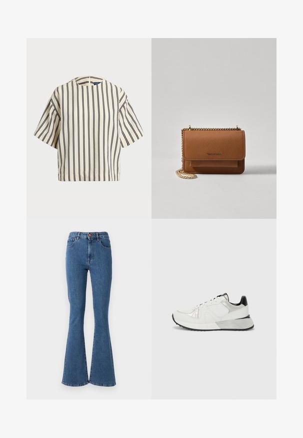 Kortærmet, stribet top i creme og marineblå, med rund halsudskæring og boxy design i et tekstureret stof.; Høj talje blå denimjeans med flared ben. Har fem lommer og knappelukning foran. Sømme med stikninger.; Hvid atletiksko med mesh- og læderpaneler, sølvdetaljer, struktureret design, sort hælkappe og gummisål. Sidevinkel.; Brun tekstureret læder crossover-taske med guldkæde-rem og klaplukning. Forsiden har logo-detalje og en lomme under klappen.