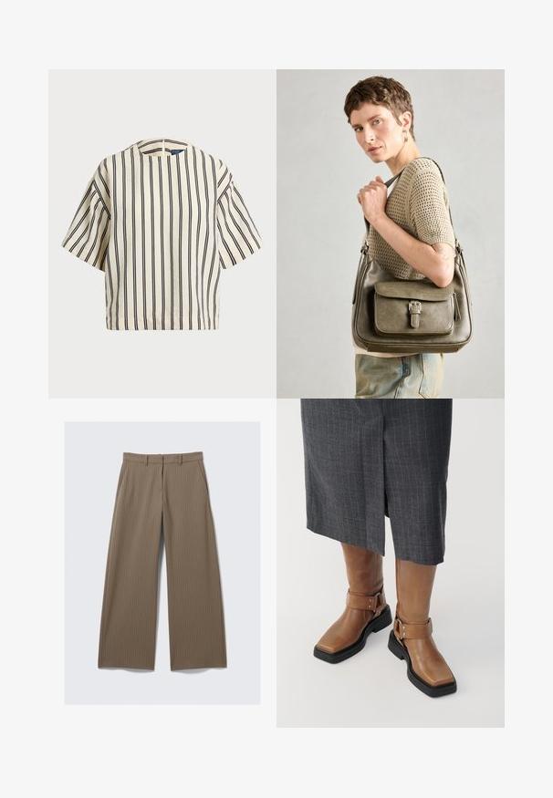 T-shirt à manches courtes, rayé crème et marine, présentant un col rond et un design boxy avec un tissu texturé.; Pantalons larges à rayures brunes avec une texture lisse et un design classique, dotés d'une taille et de plis avant pour un ajustement sur mesure.; Bottes en cuir marron jusqu'au genou avec un bout carré, semelle en caoutchouc noir et détail de sangle à boucle ajustable. Portées avec une jupe grise à rayures.; Sac à main en cuir olive vert avec un rabat à l'avant, une sangle ajustable et des détails en métal argenté, présenté sur un modèle portant un haut en tricot.