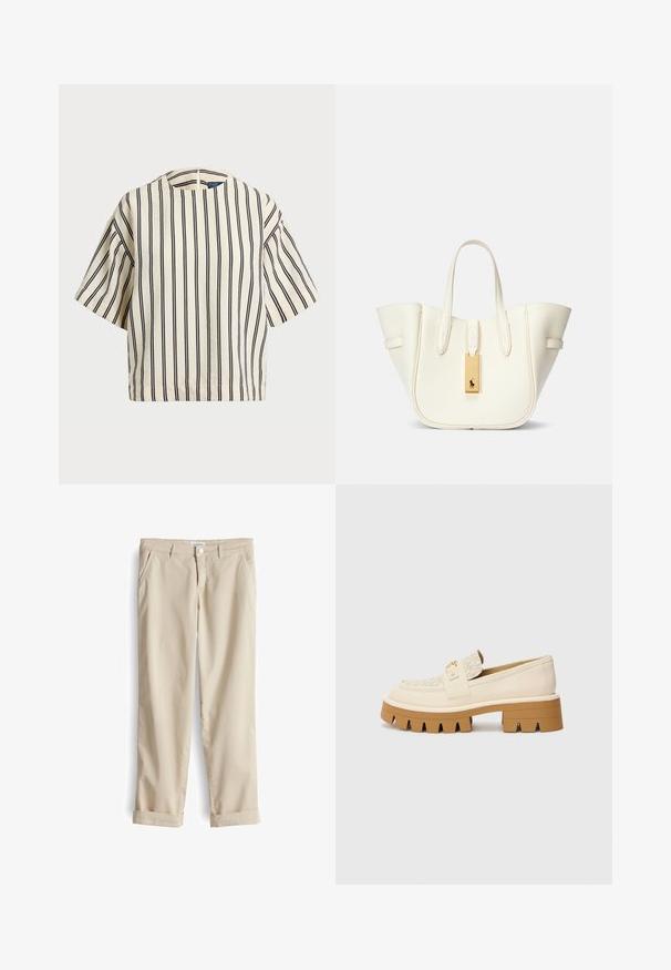 T-shirt à manches courtes, rayé crème et marine, présentant un col rond et un design boxy avec un tissu texturé.; Pantalons chinos en coton beige avec une coupe classique, dotés de poches avant et de revers retroussés. Texture lisse et subtils détails de coutures.; Mocassins beiges avec une sangle texturée crème, dotés d'une semelle brune épaisse avec des motifs en forme de dents. Accent doré sur le détail de la boucle.; Sac fourre-tout en cuir blanc avec une forme structurée, des coutures marquées, une étiquette en matériel doré et deux poignées. Surface texturée avec des poches latérales.