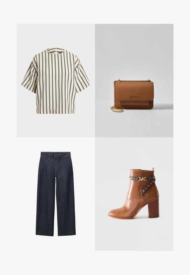 Kurzärmliges, gestreiftes Oberteil in Creme und Marineblau, mit rundem Halsausschnitt und kastiger Form aus strukturiertem Stoff.; Dunkelblaue Denim-Hosen mit weitem Bein, vorn mit Nähten und einem normalen Bund. Mit orangen Nähten und einer verkürzten Länge.; Braunes Leder-Stiefelette mit gestapeltem Blockabsatz, seitlichem Riemen mit goldenen Nieten und einer goldenen "MK"-Logo-Schnalle.; Braune strukturierte Ledertasche mit goldener Kettenriemen und Klappenverschluss. Die Vorderseite zeigt ein Logo-Detail und eine Tasche unter der Klappe.