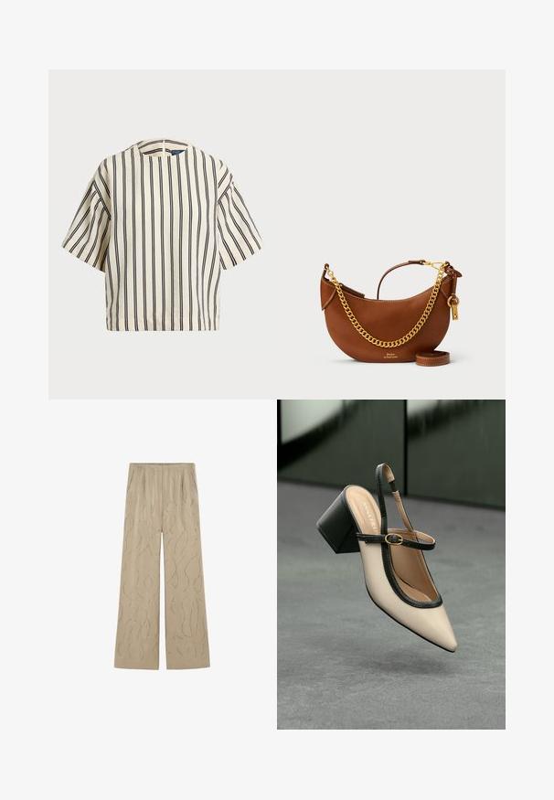 Krótki rękaw, paskowana bluzka w kolorze kremowym i granatowym, z okrągłym dekoltem i pudełkowym krojem, wykonana z fakturowanej tkaniny.; Beżowe spodnie szerokie w nogawkach wykonane z gładkiego materiału, z falistym srebrnym wzorem i elastycznym paskiem w talii, z bocznymi kieszeniami.; Beżowe buty typu slingback z ostrym noskiem, czarnym wykończeniem, złotą klamrą i grubym obcasem na szarym podłożu z ciemnozielonym tłem.; Brązowa skórzana torebka o zaokrąglonym kształcie, z złotym łańcuszkiem, wewnętrzną kieszenią oraz odczepianym paskiem na ramię. Posiada kontrastowe przeszycia.