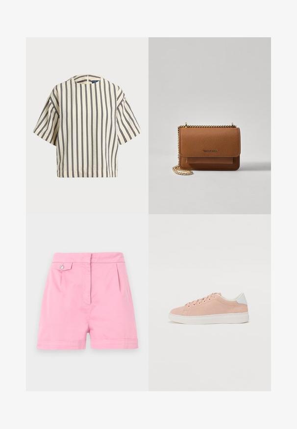 Kreminės ir tamsiai mėlynos juostelės trumpų rankovių marškinėliai, turi apvalų iškirpimą ir dėžutės tipo dizainą, pagaminti iš tekstūruotos medžiagos.; Rožinės medvilnės šortai su plokščiu priekiu, subtiliomis klostėmis ir vienu mygtuko akcentu ant juosmens. Pasukta apačia ant kojų.; Šviesiai rožiniai zomšiniai sportbačiai su balta guma apatinėje dalyje, su apvaliu pirštu ir baltu kulno akcentu. Yra plokščios raišteliai ir minimalus prekės ženklas šone.; Ruda tekstūruota odinė per petį nešama rankinė su auksiniu grandininiu dirželiu ir užlenkiamo užsegimo. Priekinėje pusėje yra logotipo detalė ir kišenė po užlenkimu.