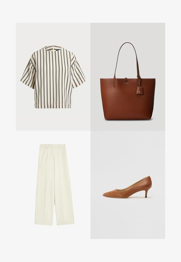Kortærmet, stribet top i creme og marineblå, med rund halsudskæring og boxy design i et tekstureret stof.; Bredde ben bukser i off-white stof, med en glat tekstur, frontfolder og en lige pasform fra talje til kant.; Lauren Ralph Lauren ADRIENNE - Pumps - deep saddle tan; Brun pebret læder tote taske med to håndtag, et lille vedhæftet mærke og et diskret logo på forsiden. Glat tekstur med struktureret form.