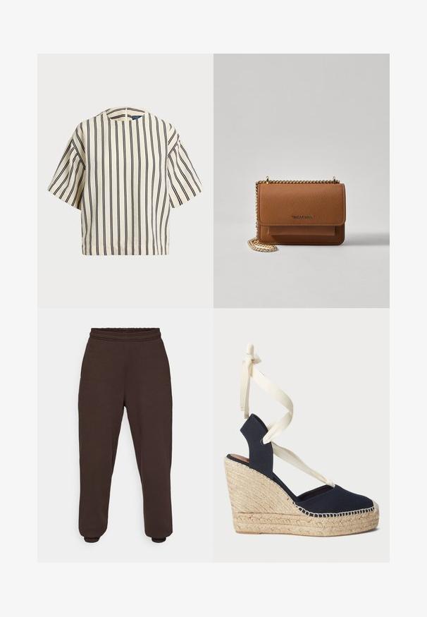Rövid ujjú, csíkos felső krém és tengerészkék színben, kerek nyakkivágással és dobozos fazonnal, texturált anyagból.; Sötétbarna melegítőnadrág, puha anyagból, rugalmas derékkal és rugalmas szűkítéssel a bokánál. Minimalista dizájn, minta nélkül.; Tengerészkék vászon wedge szandál espadrille kötésű talppal és krém színű szalagos megkötővel a bokán. Zárt sarokkal és kerek orral rendelkezik.; Barna textúrájú bőr keresztbody táska arany lánc pánttal és fedélzárral. Az elején logó részlet és egy zseb található a fedél alatt.