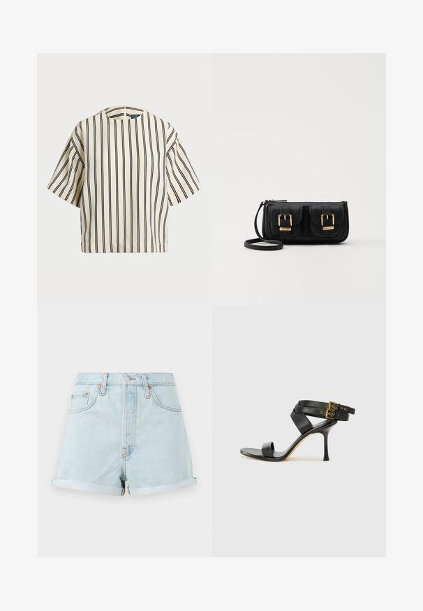 Lyhythihainen, raidallinen paita kirkas- ja tummansinisen sävyissä, jossa on pyöreä pääntie ja laatikkomainen muotoilu tekstuuritetussa kankaassa.; Vaaleansinisiä farkkushortseja, joissa on korkea vyötärö, käänteet lahkeissa, kupariset niitit ja etuvetoketju. Klassinen viiden taskun tyyli.; Mustat korot kengät, joissa on ristikkäiset hihnat ja säädettävä solki. Ominaisuuksiin kuuluu sileä pinta ja kapeneva stilettokorko.; Musta nahkainen olkalaukku, jossa on kaksi etutaskua, kultaiset soljet, vetoketjukiinnitys ja kapea hihna. Teksturoidun pinnan ja kompaktin suorakaiteen muoto.