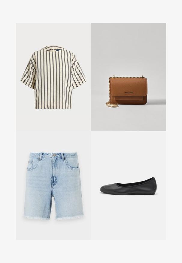 Short-sleeve, striped top in cream and navy, featuring a round neckline and boxy design with a textured fabric.; Light blue denim shorts with a frayed hem, classic five-pocket design, and a front button closure. Fabric appears soft with a slight texture.; Black leather ballet flat with a rounded toe, smooth texture, minimal stitching detail, and a flexible sole design.; Brown textured leather crossbody bag with gold chain strap and flap closure. Front features logo detail and a pocket under the flap.