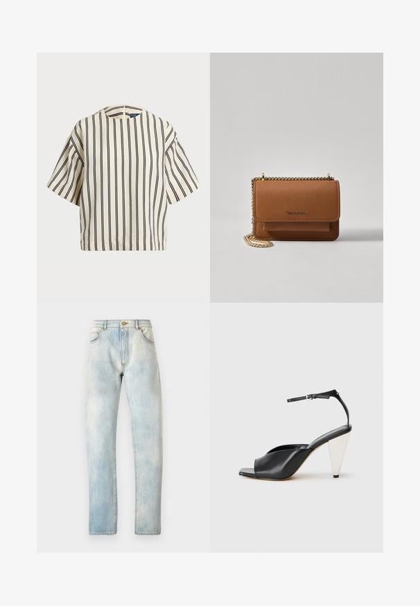 Kreklus, svītrainā blūze ar īsām piedurknēm, krēmkrāsā un tumši zilā tonī, ar apaļu apkakli un kvadrātveida dizainu, izgatavota no teksturētas auduma.; Gai zila denima bikses ar taisnu griezumu, piecām kabatām un pogu aizdari. Visā biksēs ir izbalējusi tekstūra, ar izstrādātu šuvju apdari.; Melnas ādas augstpapēžu sandales ar atvērto purngali, asimetrisku dizainu, potītes siksniņu un metāla koniskām papēžiem. Virsma ir gluda.; Brūna teksturēta ādas plecu soma ar zelta ķēdes siksnu un atloka aizdari. Priekšpusē ir logotipa detaļa un kabata zem atloka.