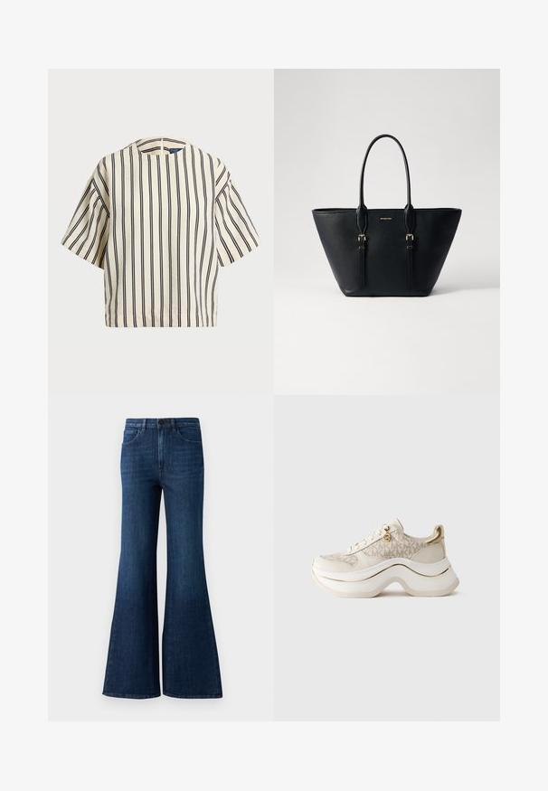 Rövid ujjú, csíkos felső krém és tengerészkék színben, kerek nyakkivágással és dobozos fazonnal, texturált anyagból.; Sötétkék, magas derékú, bővülő farmernadrág, elöl gombbal, cipzárral és öt zsebes kialakítással, fehér háttéren.; Beige és arany platform sneaker "MK" mintával, fűzős elejével, arany charm-mal és vastag, hullámos talppal sima háttér előtt.; Fekete bőr tote táska texturált felülettel, megnyúlt formával, dupla fogantyúkkal és arany tónusú fém részletekkel.