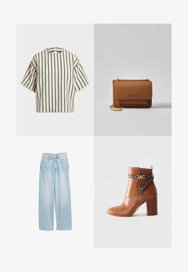 Kratki rukavi, prugasti top u krem i tamnoplavoj boji, sa okruglim izrezom i kutijastim dizajnom od teksturirane tkanine.; Svijetloplavi trapericama širokih nogavica, izrađeni od denima, sa visokim strukom, prednjim džepovima, zatvaranjem na gumb i klasičnim detaljima šavova.; Smeđe kožne čizme do gležnja s blok petom, bočnom trakom koja ima zlatne studove i zlatnu kopču s "MK" logom.; Smeđa kožna torba preko tijela s teksturom, zlatnim lančićem i preklopom na zatvaranju. Na prednjoj strani nalazi se detalj s potpisom i džep ispod preklopa.