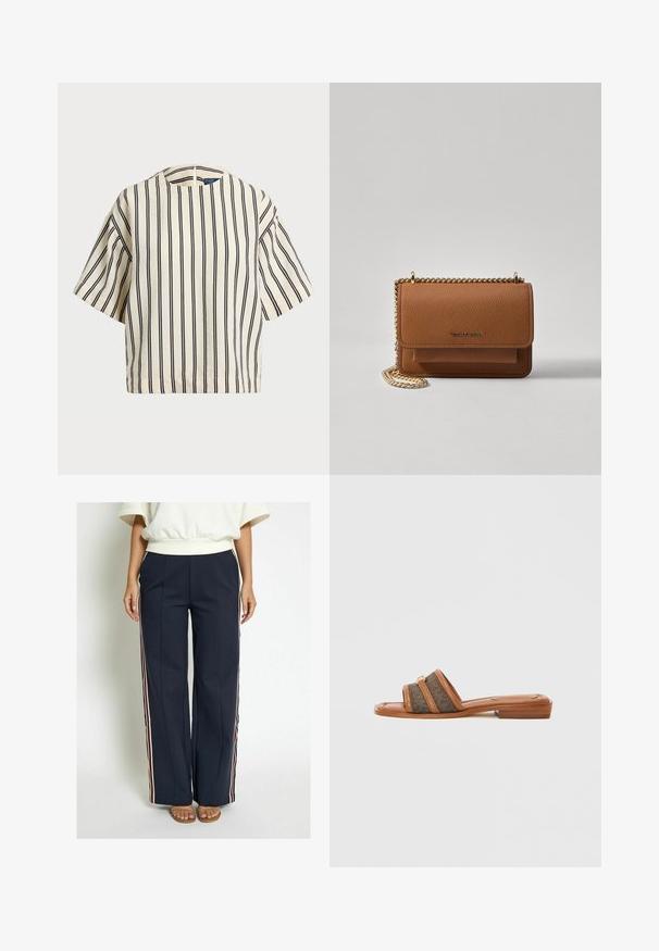 Kortärmad randig topp i krämfärgad och marinblå, med rund halsringning och fyrkantig design i en texturerad tyg.; Marina vida byxerkostym i mjukt tyg, med sidostrimmor i röd, vit och blå. Utrustad med frontveck.; Brun slip-in sandal med två breda tygband i ett mörkt mönster, med platt klack och guldfärgad detalj.; Brun texturerad läder crossbody-väska med guldkedja och klaffstängning. Framsidan har logotypdetalj och en ficka under klaffen.