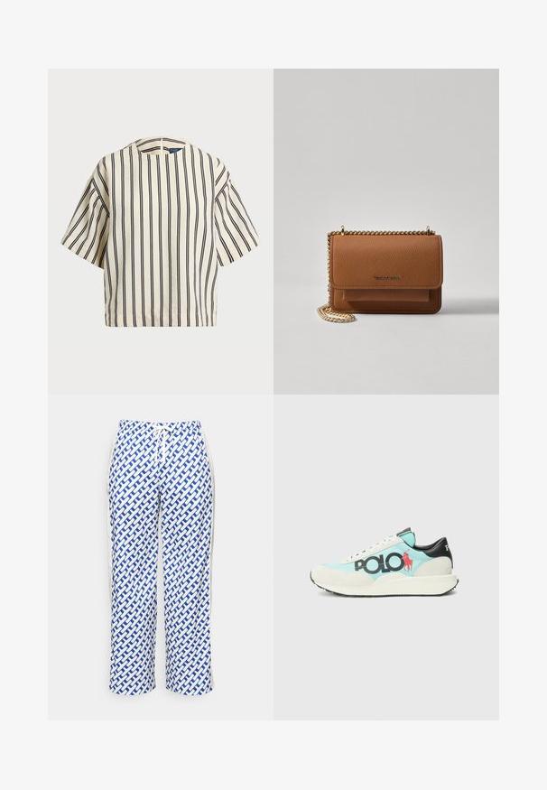 Kreminės ir tamsiai mėlynos juostelės trumpų rankovių marškinėliai, turi apvalų iškirpimą ir dėžutės tipo dizainą, pagaminti iš tekstūruotos medžiagos.; J.LINDEBERG Sports MIRA PANT - Treningo apatinė dalis - moonbeam; Bėgimo bateliai su šviesiai mėlynu korpusu, baltais zomšiniais akcentais, juodu kulnu ir ryškiu juodu "POLO" logotipu su raudonu polo žaidėjo siluetu.; Ruda tekstūruota odinė per petį nešama rankinė su auksiniu grandininiu dirželiu ir užlenkiamo užsegimo. Priekinėje pusėje yra logotipo detalė ir kišenė po užlenkimu.