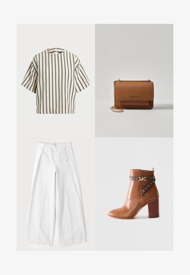 T-skjorte med korte ermer, stripet i kremfarge og marineblå, med rund hals og en boxy design i en strukturert stoff.; Vide ben bukser i hvid denim med kontrast- orange syninger, frontfolder og et klassisk fem-lommes design.; Brune lær ankle boot med stablet blokhæl, sidestraps med guldnitter og en guld "MK" logo spænde.; Brun teksturert lær crossover-veske med gullkjede-stropp og klaffelukking. Fronten har logo-detalj og en lomme under klaffen.