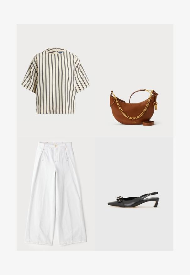 T-shirt à manches courtes, rayé crème et marine, présentant un col rond et un design boxy avec un tissu texturé.; Pantalons blancs à pattes larges en denim, avec des coutures orange contrastantes, des plis à l'avant et un design classique à cinq poches.; Chaussure slingback en cuir noir avec un bout pointu, un petit talon et un détail de boucle décoratif sur le dessus. Texture lisse, design minimaliste.; Sac à main en cuir brun avec un design courbé, une chaîne dorée, une poche intérieure et une bandoulière amovible. Présente des coutures contrastantes.