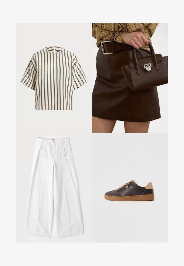 Top a maniche corte a righe in crema e blu navy, con scollatura rotonda e design squadrato, realizzato in un tessuto texturizzato.; Pantaloni bianchi a palazzo in denim, con cuciture arancioni a contrasto, pince frontali e un classico design a cinque tasche.; Sneaker in cuoio e camoscio marrone scuro con lacci e suola beige, dettaglio in logo dorato e "Michael Kors" impresso sulla suola.; Borsa a mano in pelle marrone con finitura testurizzata e accessori in argento, tenuta con una mano accanto a una gonna in pelle marrone e un maglione a fantasia.