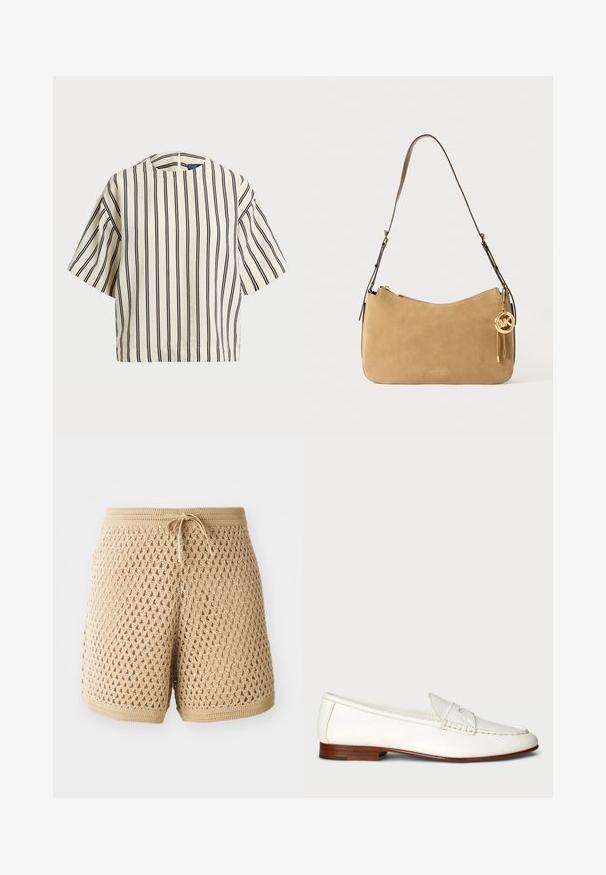 Rövid ujjú, csíkos felső krém és tengerészkék színben, kerek nyakkivágással és dobozos fazonnal, texturált anyagból.; Beige horgolt rövidnadrág bonyolult gyémántmintával, húzózsinórral a deréknál és bordázott szélekkel. Könnyű és légáteresztő anyag.; Fehér bőr loaferek texturált felülettel, kerek orral és szőtt díszítéssel. Alacsony fából készült sarkakkal és minimalista dizájnnal.; Barna velúr válltáska ívelt formával, arany színű fémrészekkel és cipzáras záródással. Tartalmaz egy csatolt díszt, amelyen az "MK" monogram található.