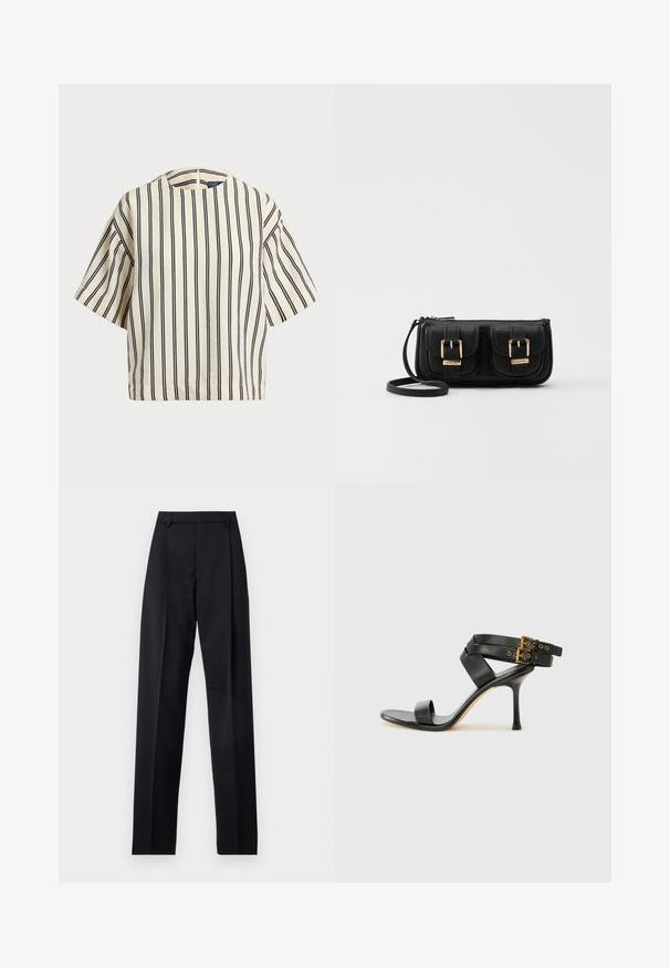 T-skjorte med korte ermer, stripet i kremfarge og marineblå, med rund hals og en boxy design i en strukturert stoff.; Svarte bukser laget av glatt stoff, med høy midje, vide ben, frontfolder og klassiske beltehemper. Ingen synlige sidelommer.; Svarte hælsandaler med kryssende stropper og justerbar spenne. Har en jevn tekstur og avsmalnende stilettoklakk.; Svart skinn crossbody veske med to frontlommer, gyldne spenner, glidelåslukking og en slank stropp. Teksturert overflate og kompakt rektangulær form.