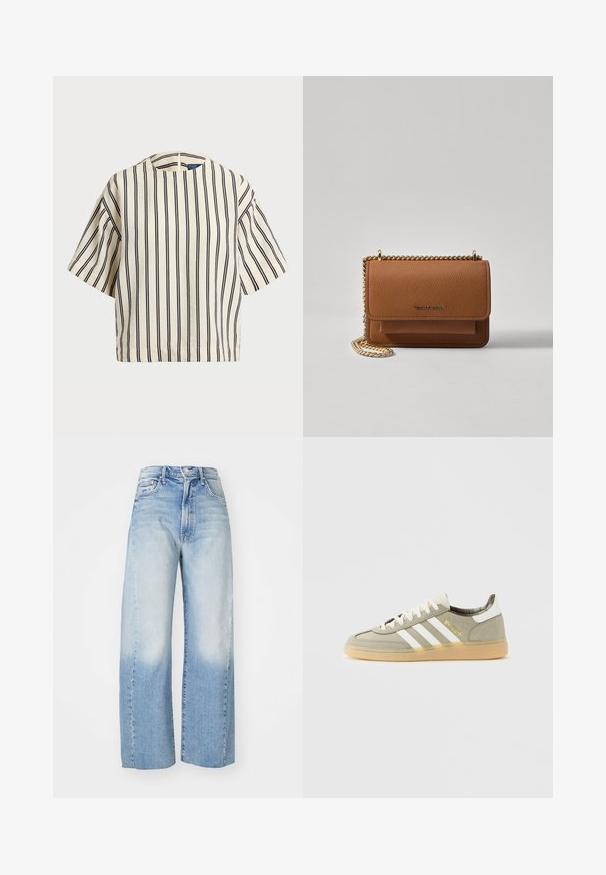 Rövid ujjú, csíkos felső krém és tengerészkék színben, kerek nyakkivágással és dobozos fazonnal, texturált anyagból.; Világoskék denim bőrnadrág, amelynek színe fokozatosan halványkékről sötétebb kékbe megy át, öt zsebbel és magas derékkal rendelkezik.; Szürke velúr edzőcipő fehér csíkokkal, arany díszítésekkel és mintás gumi talppal. Jellemzője a kockás bélés és az alacsony fazon.; Barna textúrájú bőr keresztbody táska arany lánc pánttal és fedélzárral. Az elején logó részlet és egy zseb található a fedél alatt.