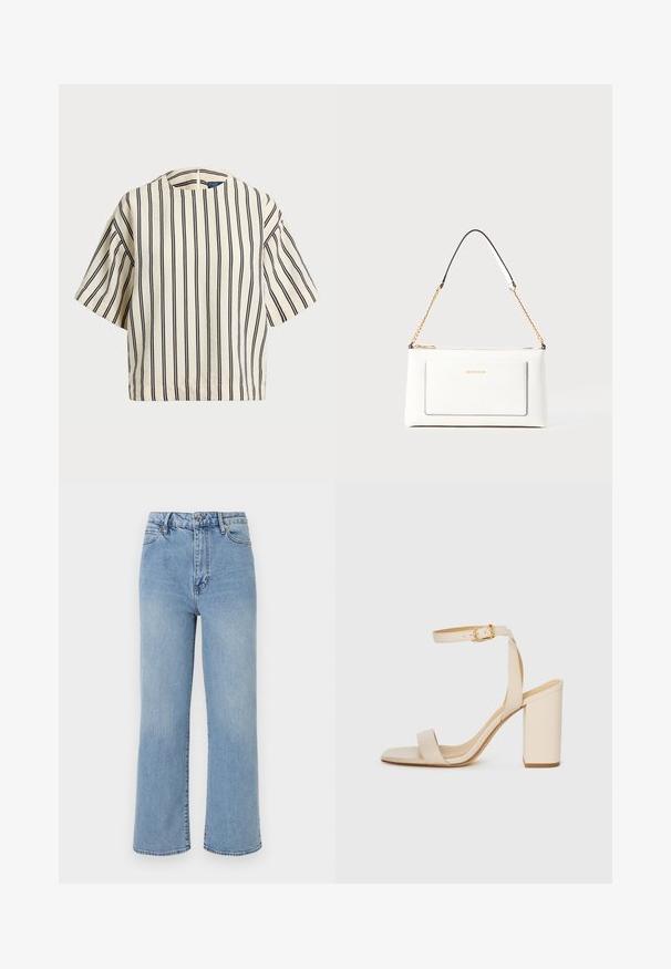 Top de manga corta a rayas en crema y azul marino, con cuello redondo y un diseño cuadrado, confeccionado en una tela texturizada.; Vaqueros de denim de color azul claro de pierna ancha con cintura alta, diseño de cinco bolsillos y costuras contrastantes en los bordes.; Sandalia de tacón alto beige con punta cuadrada, tira delgada en el tobillo y tacón ancho. Textura de cuero suave con un detalle de hebilla dorada.; Bolso de mano de cuero blanco con un acabado texturizado, que cuenta con una correa de cadena dorada y acentos negros. Incluye un bolsillo frontal y cierre de cremallera.