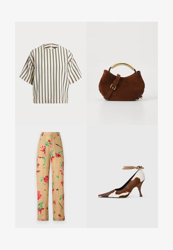 Kreminės ir tamsiai mėlynos juostelės trumpų rankovių marškinėliai, turi apvalų iškirpimą ir dėžutės tipo dizainą, pagaminti iš tekstūruotos medžiagos.; Gėlėtu raštu batu atsuga su smėlio spalvos fonu, kuriame yra raudonų ir žalių gėlių bei juodų akcentų. Laisvas dizainas su šoninėmis kišenėmis.; Ruda ir balta karvės rašo aukšti kulniukai su smailiu pirštu, tekstūruota paviršiumi ir kulkšnies dirželiu su šviesiai ruduoju užsegimu.; Ruda velveta Rankinė su kreivu auksiniu rankena, reguliuojamu dirželiu ir minkšta tekstūra. Išsiskiria minimalistišku dizainu ir nematoma aparatūra.