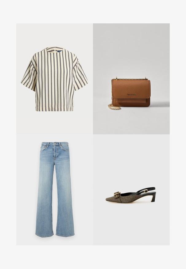 T-shirt à manches courtes, rayé crème et marine, présentant un col rond et un design boxy avec un tissu texturé.; RE/DONE Wide Leg - blue; Talons slingback avec un bout pointu, en tissu à motifs marron, détail de boucle en or, sangle en cuir noir et un petit talon carré.; Sac en cuir texturé marron en bandoulière avec une sangle en chaîne dorée et une fermeture à rabat. L'avant présente un détail de logo et une poche sous le rabat.
