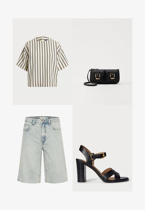 T-skjorte med korte ermer, stripet i kremfarge og marineblå, med rund hals og en boxy design i en strukturert stoff.; Lyseblå denimshorts med løs passform, klassisk femlommesdesign og synlig søm. Distressed detaljer gjennom hele.; Svarte lær hæler med krysset stroppdesign og spenning. Har en kraftig hæl og glatt tekstur.; Svart skinn crossbody veske med to frontlommer, gyldne spenner, glidelåslukking og en slank stropp. Teksturert overflate og kompakt rektangulær form.