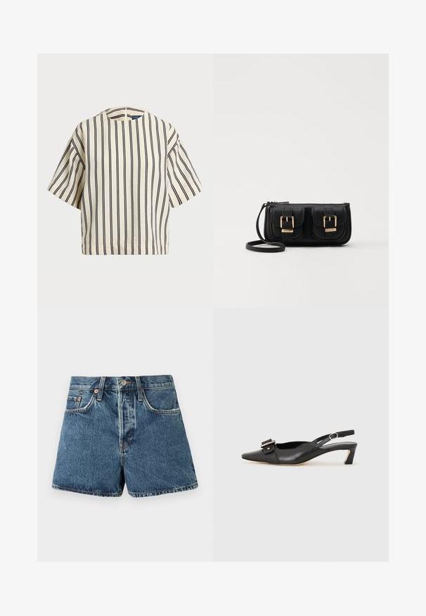 Kratek rokav, prugast top v kremni in mornarsko modri barvi, z okroglim izrezom in kvadratnim dizajnom ter teksturirano tkanino.; Denim kratke hlače v srednje modri barvi z visokim pasom, petimi žepi, kontrastnim šivanjem in kovinskim gumbom za zapiranje. Teksturirana tkanina z rahlim zbledelostjo.; Črne usnjene slingback čevlje z ostrim nosom, majhnim petam in dekorativno sponko na zgornjem delu. Gladka tekstura, minimalistična zasnova.; Črna usnjena torbica čez ramo z dvema sprednjima žepoma, zlatimi zaponkami, zadrgo in ozkim pasom. Tekstura površine je strukturirana, obliko pa ima kompaktno pravokotno.