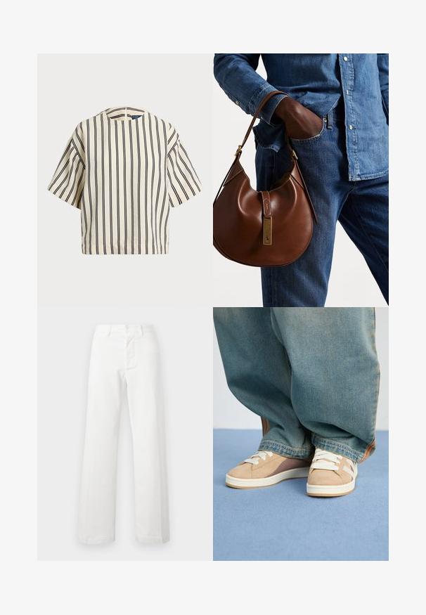 Kreminės ir tamsiai mėlynos juostelės trumpų rankovių marškinėliai, turi apvalų iškirpimą ir dėžutės tipo dizainą, pagaminti iš tekstūruotos medžiagos.; Baltos medvilninės kelnės, tiesaus kirpimo, su priekine sagų ir užtrauktuko uždarymo sistema, diržo kilpelėmis ir subtiliu tekstūruotu audiniu.; Bežinės sportbačiai, pagaminti iš zomšos ir audinio, su baltais raišteliais, šviesiai rudos spalvos akcentais ir tekstūruota pada. Dėvimi su laisvais mėlynais džinsais.; Ruda odinė hobo kuprinė su suapvalinta forma, turinti auksinius aksesuarus ir kontrastingą siuvinėjimą. Derinama su džinsiniu marškinėliu ir džinsais.