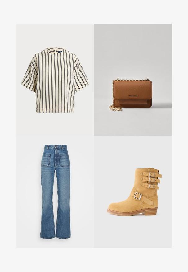 Rövid ujjú, csíkos felső krém és tengerészkék színben, kerek nyakkivágással és dobozos fazonnal, texturált anyagból.; Magas derekú kék farmernadrág, szélesített lábbal, két elülső zsebbel és két hátsó zsebbel; texturált anyag, kopott hatású mosással.; Sárga színű velúr bokacsizma három csatos pánttal az oldalon, lekerekített orral és rétegelt fa sarokkal. Texturált felszín a jobb tapadás érdekében.; Barna textúrájú bőr keresztbody táska arany lánc pánttal és fedélzárral. Az elején logó részlet és egy zseb található a fedél alatt.