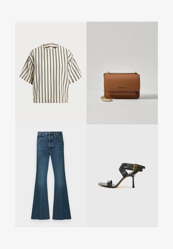 Kratki rukavi, prugasti top u krem i tamnoplavoj boji, sa okruglim izrezom i kutijastim dizajnom od teksturirane tkanine.; Trapezice traperice tamnoplave boje s visokim strukom, dizajnom s pet džepova i klasičnim šavovima. Tkanina ima glatki, teksturirani izgled.; Crne sandale s petom sa preklapanim trakama i podesivim kopčanjem. Imaju glatku teksturu i suženi stiletto potplat.; Smeđa kožna torba preko tijela s teksturom, zlatnim lančićem i preklopom na zatvaranju. Na prednjoj strani nalazi se detalj s potpisom i džep ispod preklopa.