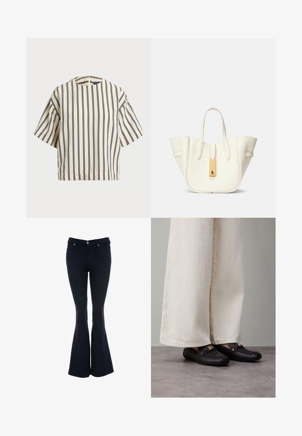 Krótki rękaw, paskowana bluzka w kolorze kremowym i granatowym, z okrągłym dekoltem i pudełkowym krojem, wykonana z fakturowanej tkaniny.; Dopasowane ciemnoniebieskie dżinsy z denimu, z wysokim stanem, pięcioma kieszeniami oraz zapięciem na guziki z srebrnymi nitami.; Czarne skórzane mokasyny ze złotymi detalami, noszone z szerokimi kremowymi spodniami, ukazujące gładką fakturę i zaokrąglony kształt.; Biała skórzana torba tote o wyraźnym kształcie, z widocznymi przeszyciami, złotą metką i podwójnymi uchwytami. Teksturowana powierzchnia z bocznymi kieszeniami.