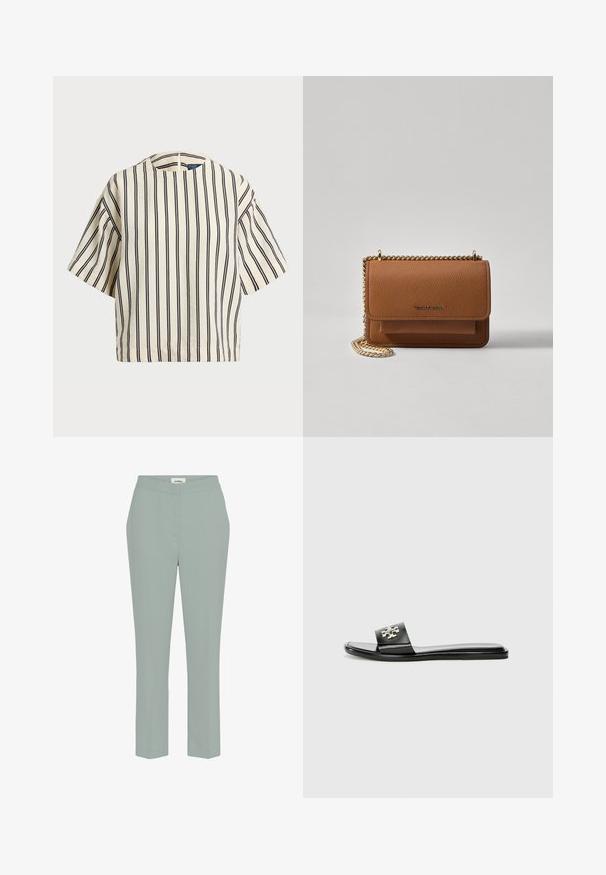 Kreklus, svītrainā blūze ar īsām piedurknēm, krēmkrāsā un tumši zilā tonī, ar apaļu apkakli un kvadrātveida dizainu, izgatavota no teksturētas auduma.; Gaiši zaļi, taisni bikses ar gludu tekstūru un vidēju jostas augstumu, ar minimālu šuvju skaitu un bez redzamām kabatām.; Melnas plakanas slaidu sandales, kas izgatavotas no sintētiskā materiāla, ar platu siksniņu, kurai ir metālisks logotipa akcents un gluda, spīdīga apdare.; Brūna teksturēta ādas plecu soma ar zelta ķēdes siksnu un atloka aizdari. Priekšpusē ir logotipa detaļa un kabata zem atloka.