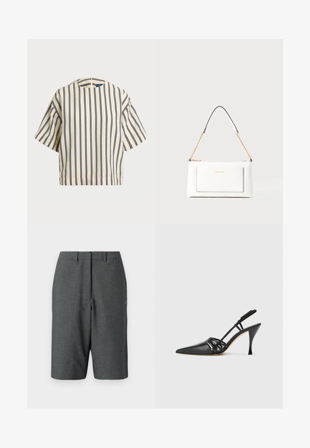 Short-sleeve, striped top in cream and navy, featuring a round neckline and boxy design with a textured fabric.; Dark gray tailored shorts with a textured fabric, single front pleat, belt loops, side pockets, and a small logo accent on the leg.; Black leather high-heeled slingback shoe with pointed toe, crisscross strap design, and slim stiletto heel. Smooth texture and minimal accents.; White leather handbag with a textured finish, featuring a gold chain strap and black accents. Includes a front pocket and zipper closure.