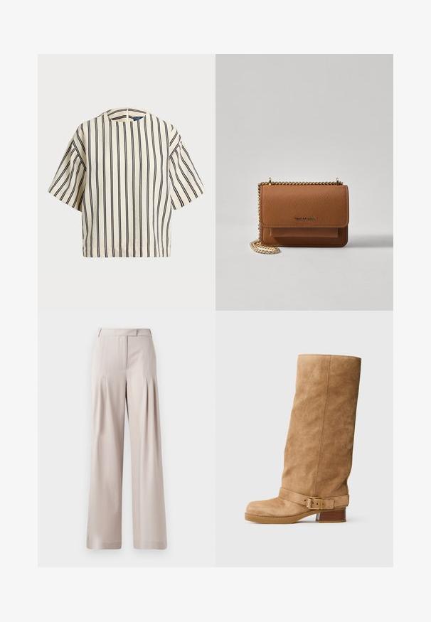 Top de manga corta a rayas en crema y azul marino, con cuello redondo y un diseño cuadrado, confeccionado en una tela texturizada.; Pantalones de pierna ancha en color beige con una textura suave, diseño con pliegues en la parte delantera y una cintura ajustada. Aptos para ocasiones formales o informales.; Bota de ante en tono marrón claro, de media caña, con un bajo tacón apilado, puntera redonda y una correa ajustable con un hebilla dorada alrededor del tobillo.; Bolso crossbody de cuero texturizado marrón con correa de cadena dorada y cierre de solapa. La parte frontal presenta un detalle de logo y un bolsillo debajo de la solapa.